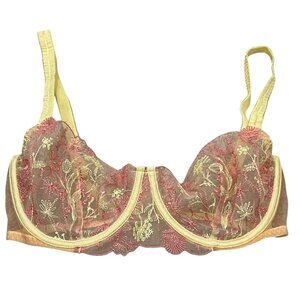 Myla London Sheer Embroidered Underwire Bra 34C Yellow Embroidered Floral